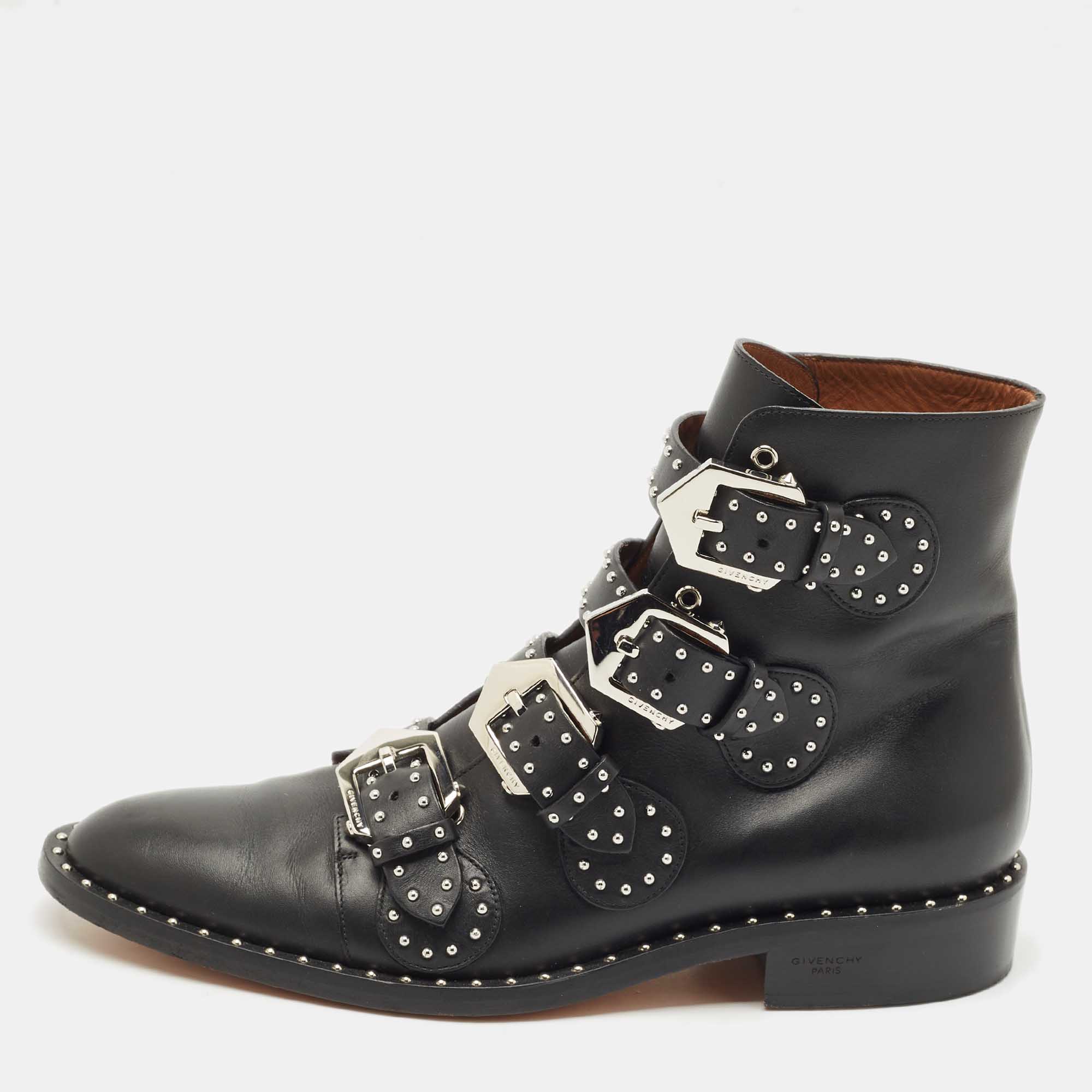 Pre Owned Givenchy Black Leather Studded Buckle Detail Ankle Boots Size 39