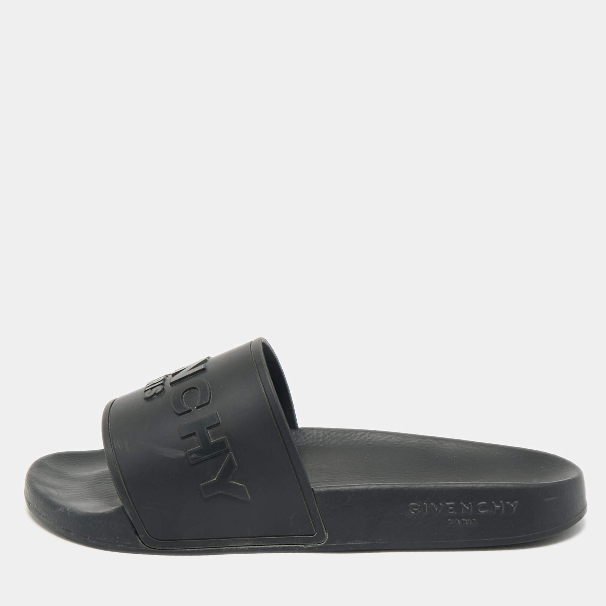 Pre Owned Givenchy Black Rubber Logo Flat Slide Sandals Size 39