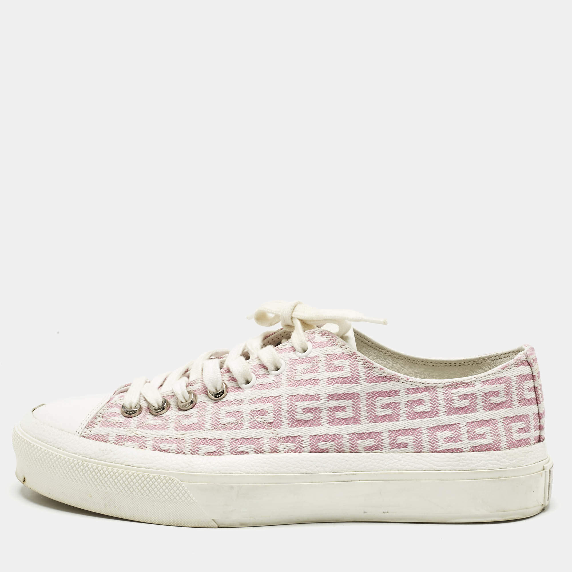 Pre Owned Givenchy White/Pink Leather And Canvas Lace Up Sneakers Size 40