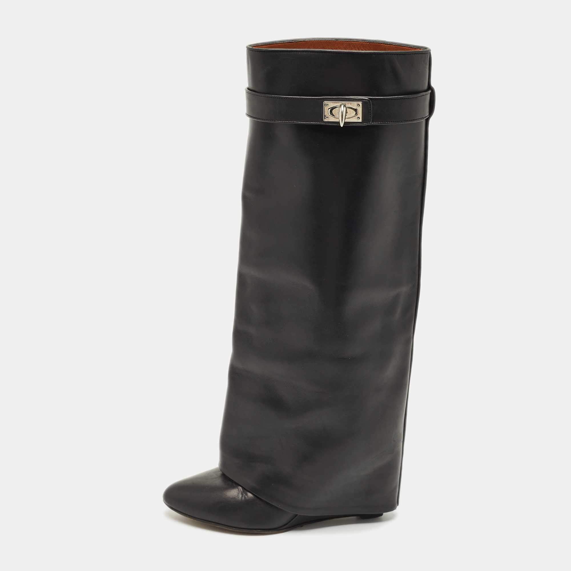 Pre Owned Givenchy Black Leather Shark Lock Wedge Knee High Boots Size 38