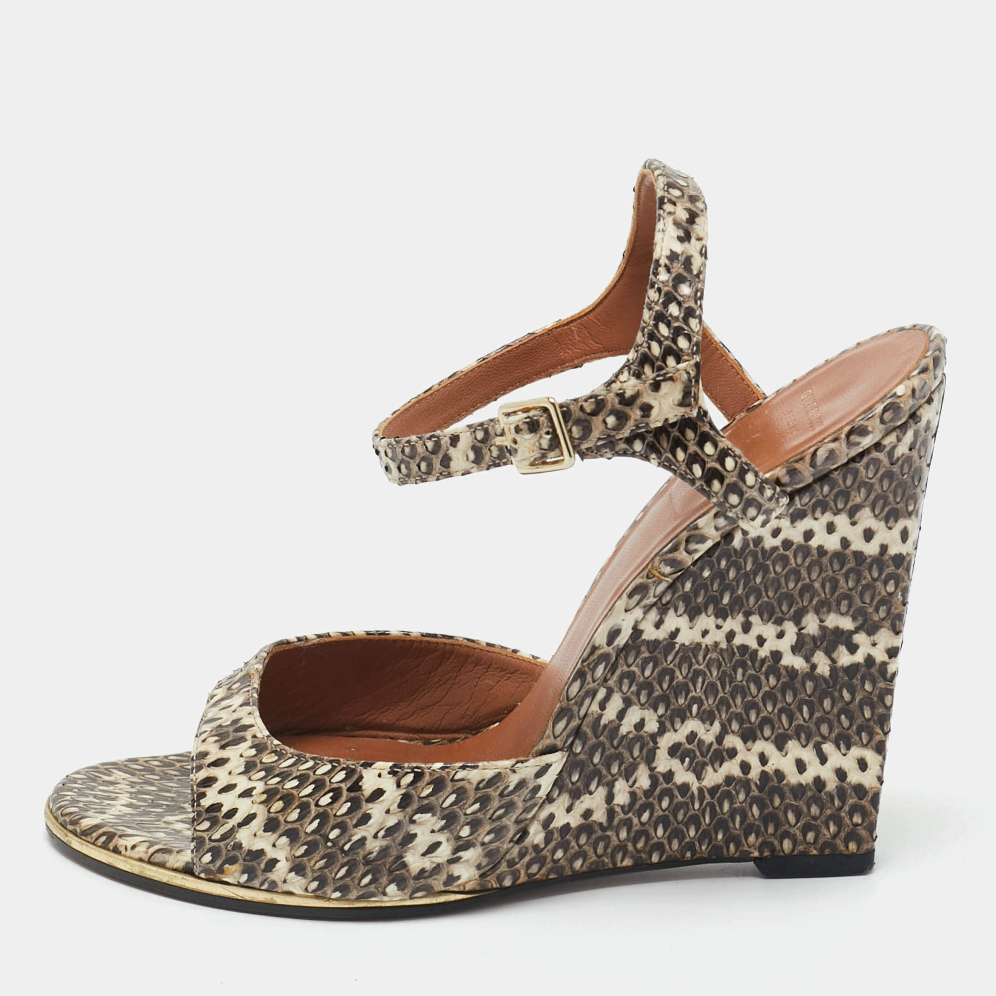 Pre Owned Givenchy Brown Snakeskin Leather Wedge Sandals Size 36