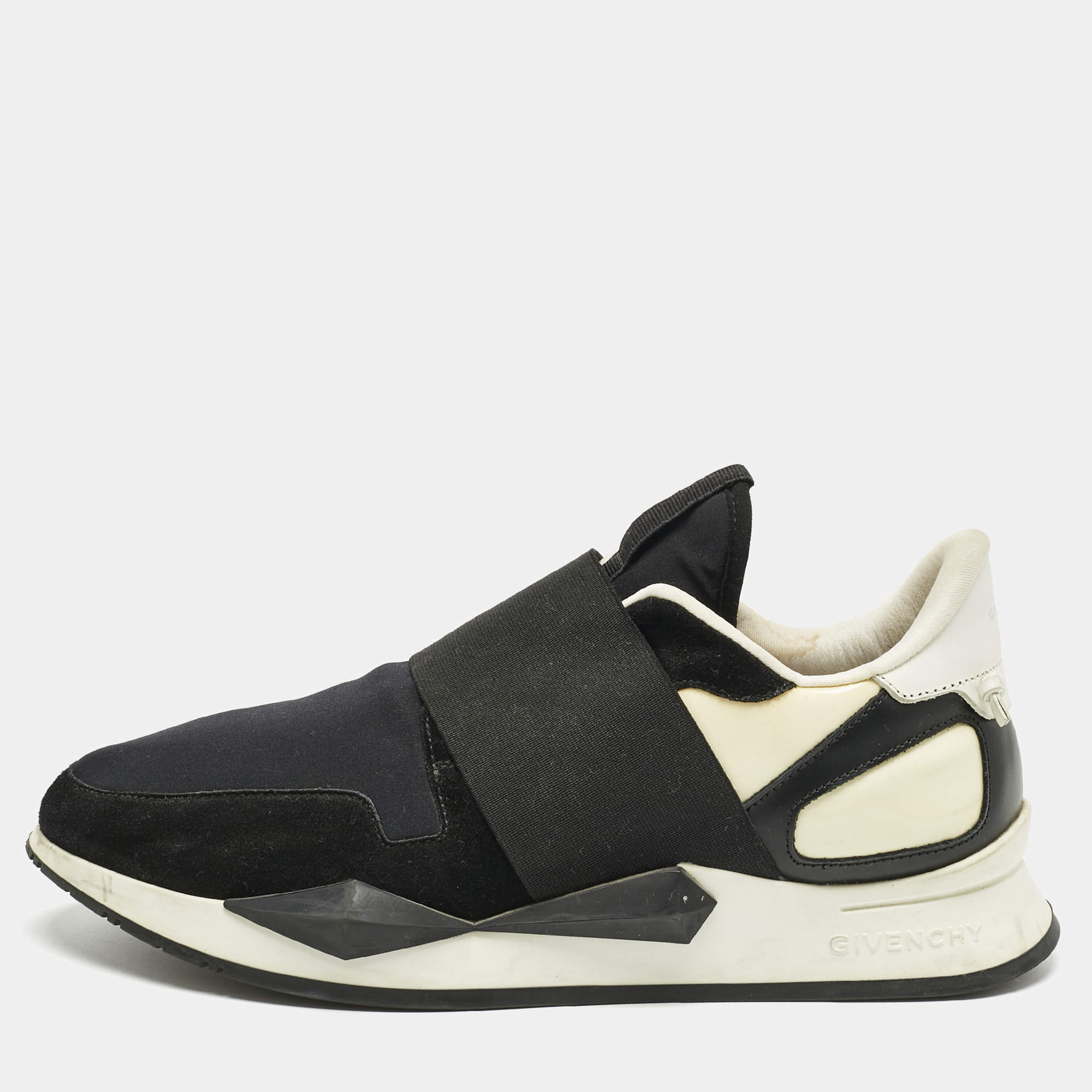 Pre Owned Givenchy Black/White Neoprene and Leather Runner Elastic Slip On Sneakers Size 39.5
