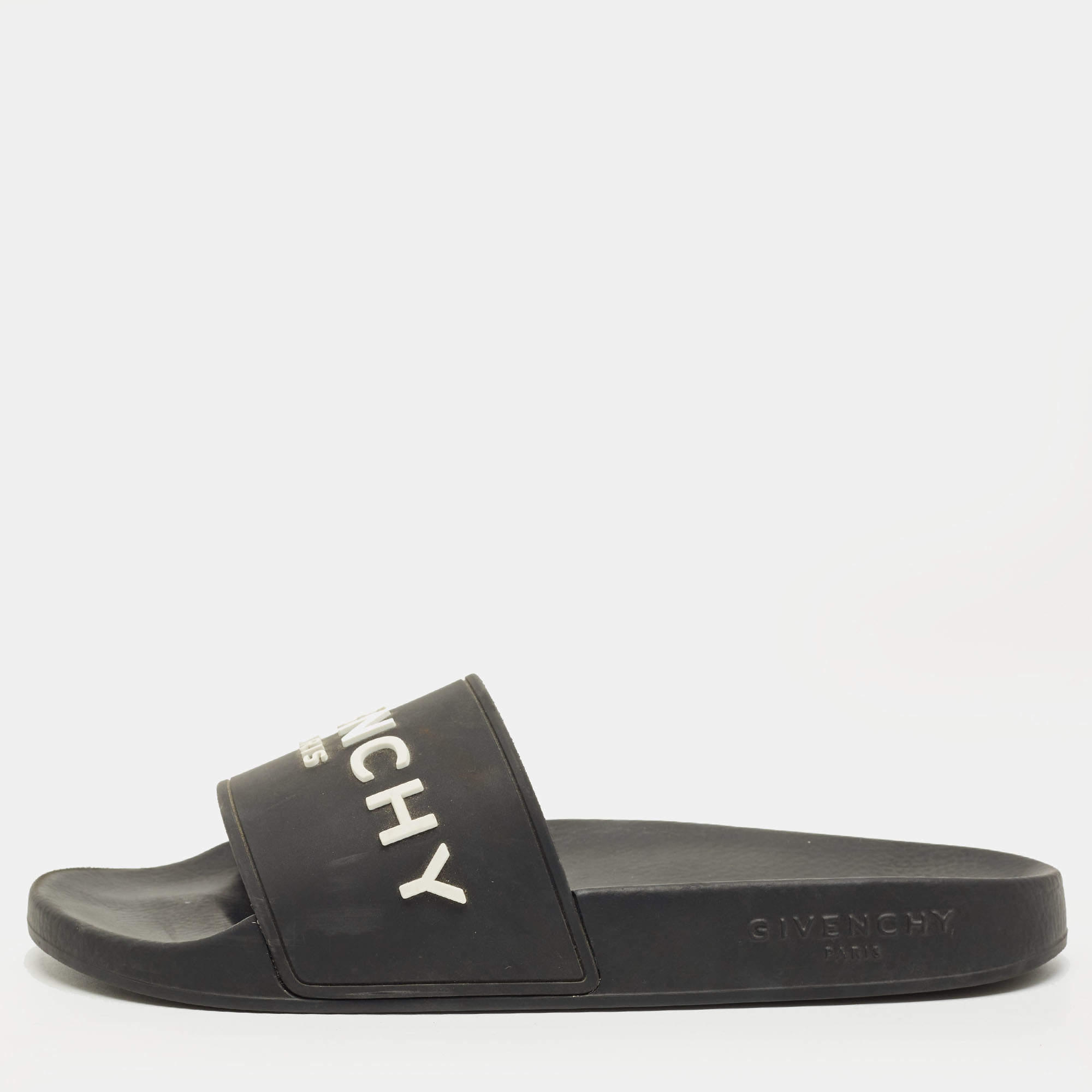 Pre Owned Givenchy Black Rubber Logo Pool Slides Size 38