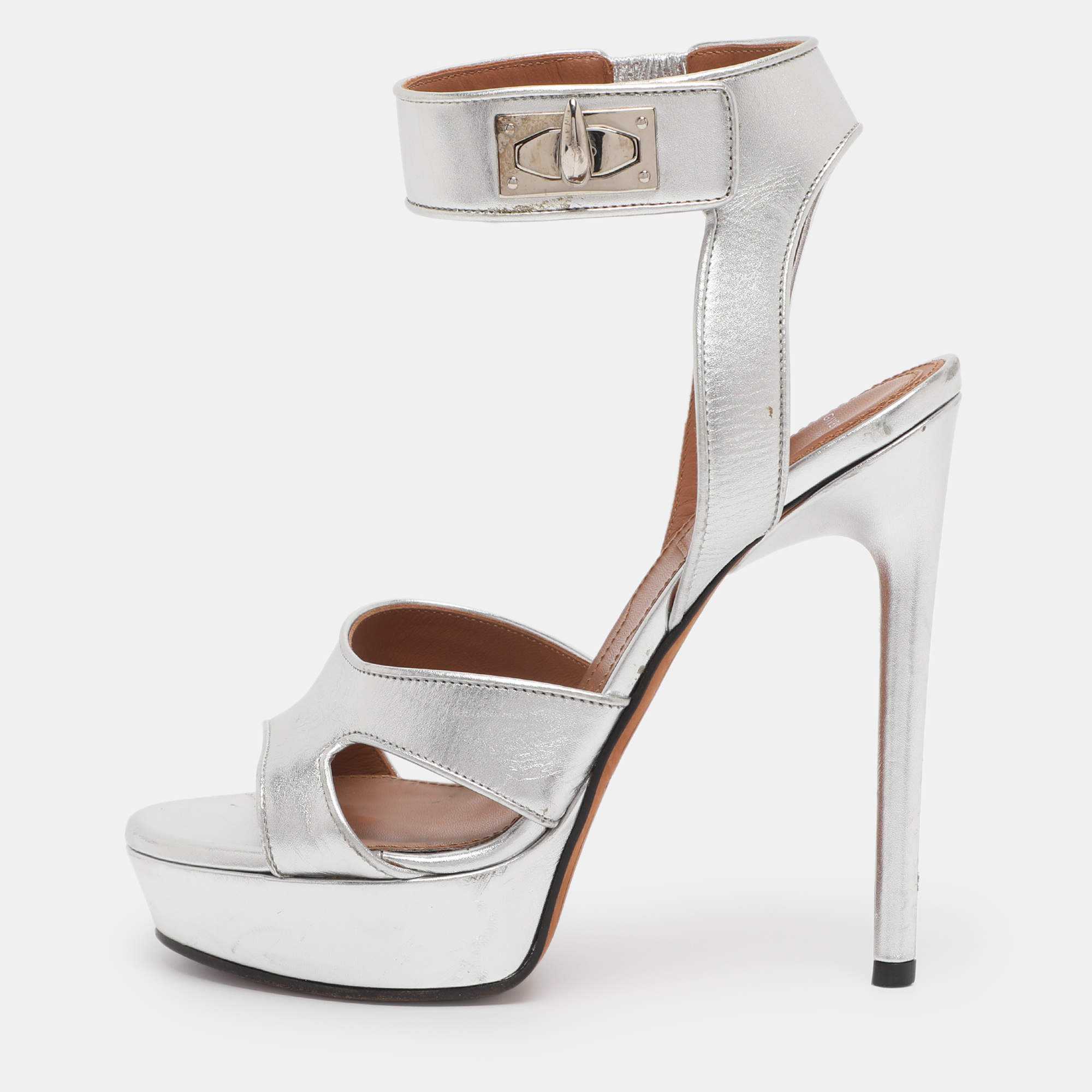 Pre Owned Givenchy Silver Leather Shark Lock Ankle Strap Sandals Size 36.5