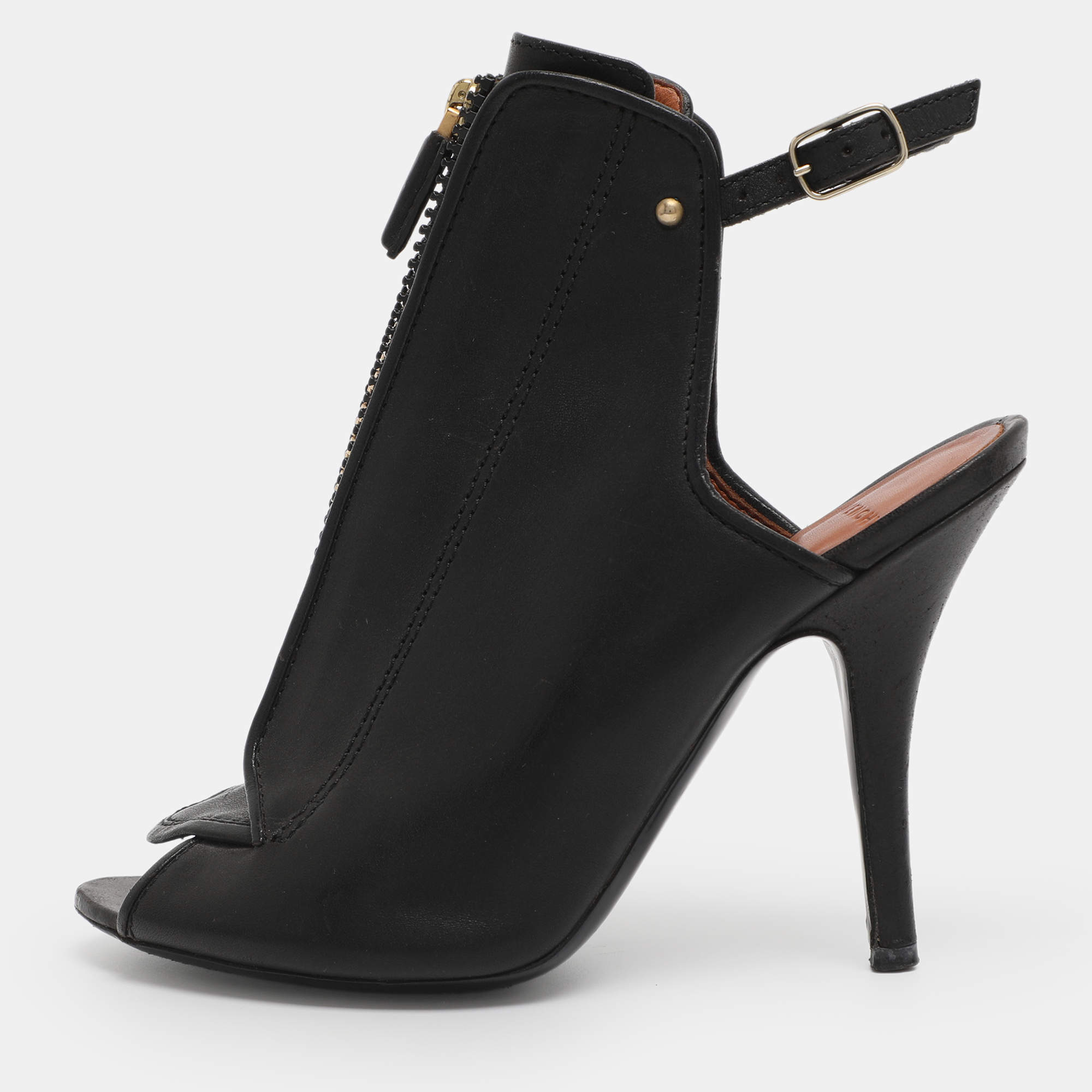 Pre Owned Givenchy Black Leather Zip Ankle Strap Peep Toe Booties Size 36