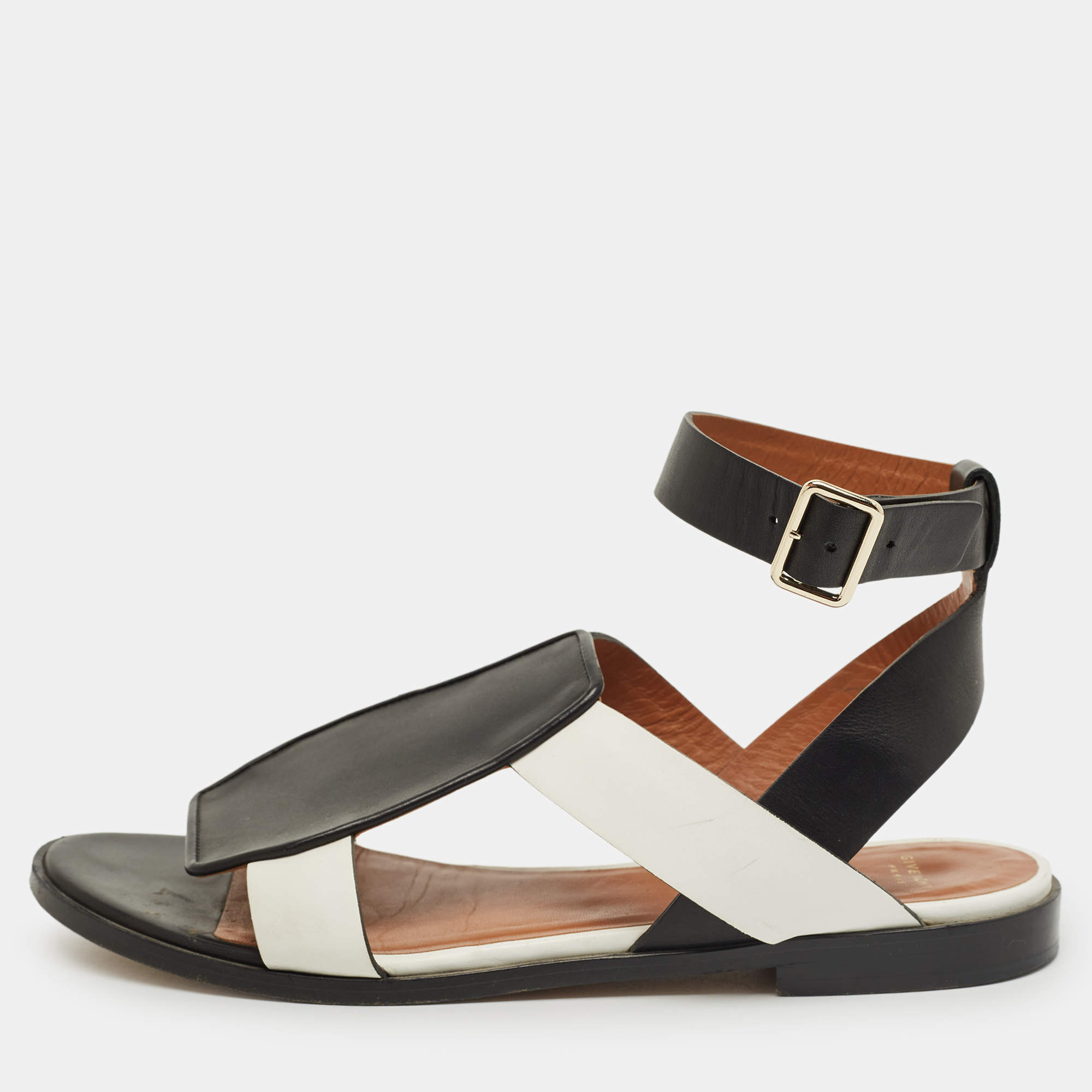 Pre Owned Givenchy Black/White Leather Ankle Strap Flat Sandals Size 37
