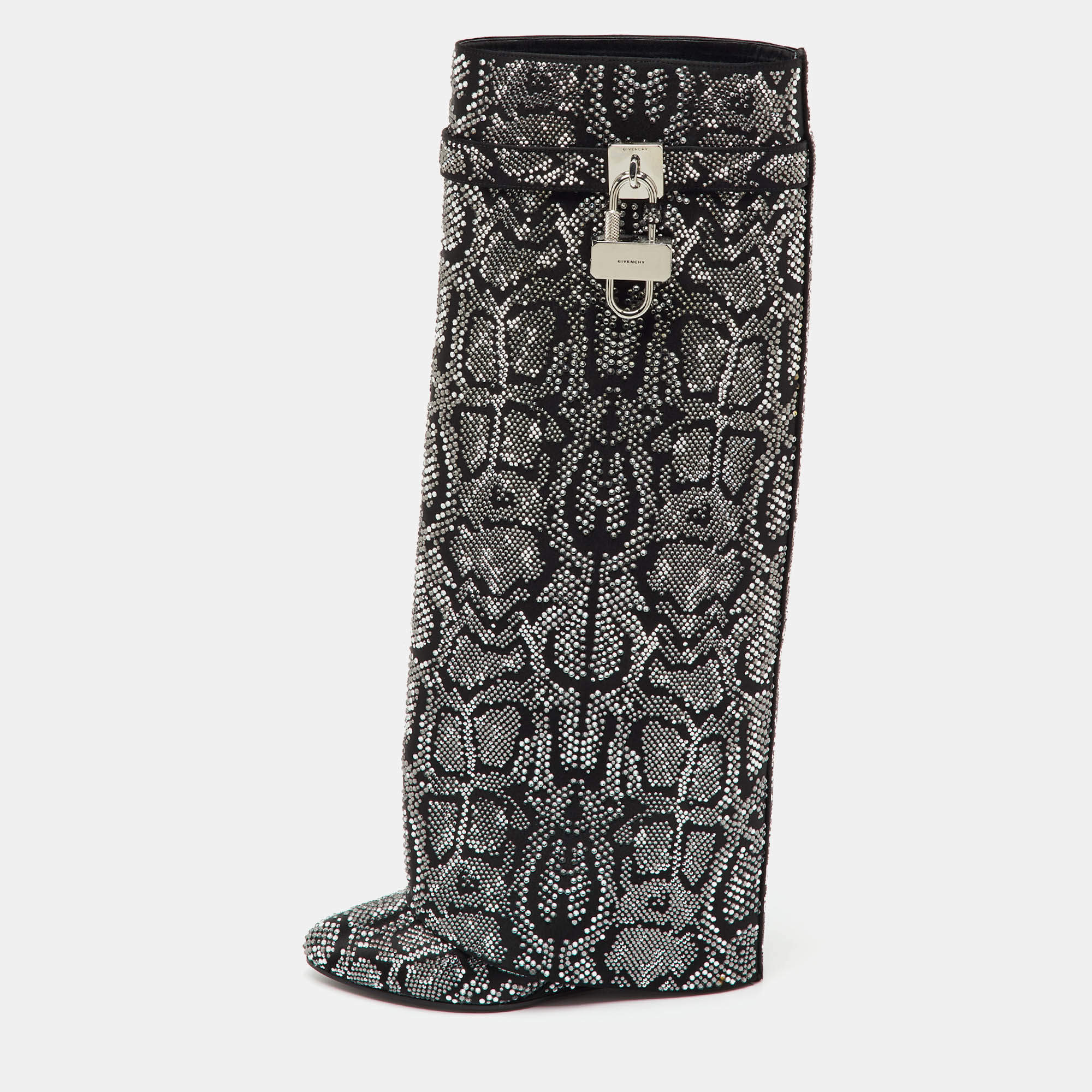 Pre Owned Givenchy Black Satin Snake Effect Crystal Embellished Shark Lock Knee Length Boots Size 38