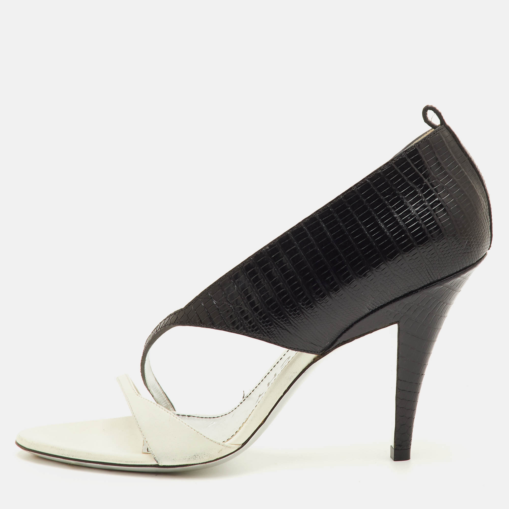 مملوكة مسبقًا Givenchy Open Toe Size 39 Black/White Lizard Embossed Leather D'orsay Sandals