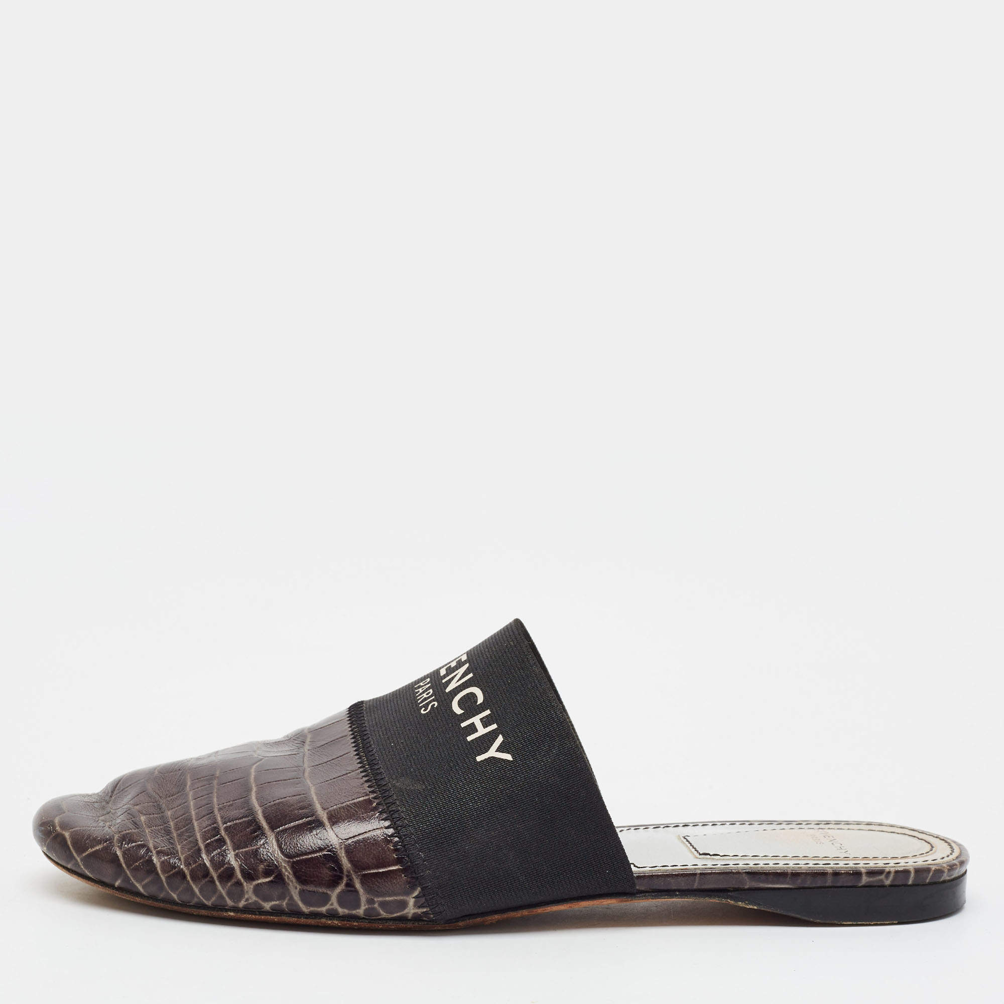 Pre Owned Givenchy Bedford Size 36 Black Croc Embossed Leather and Elastic Flat Mules