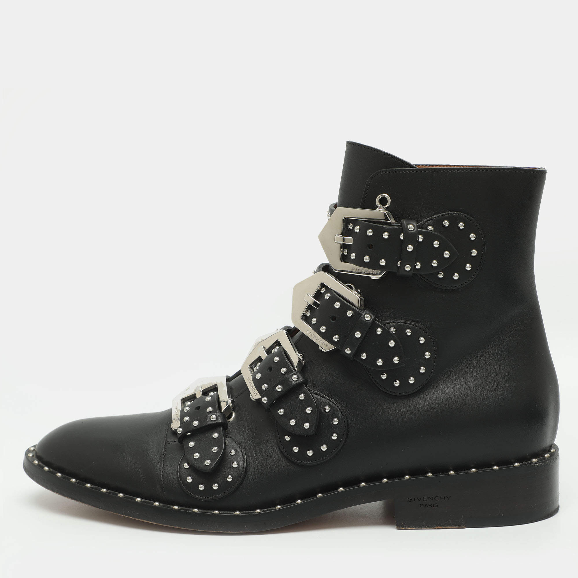 Pre Owned Givenchy Size 38 Black Leather Studded Biker Boots