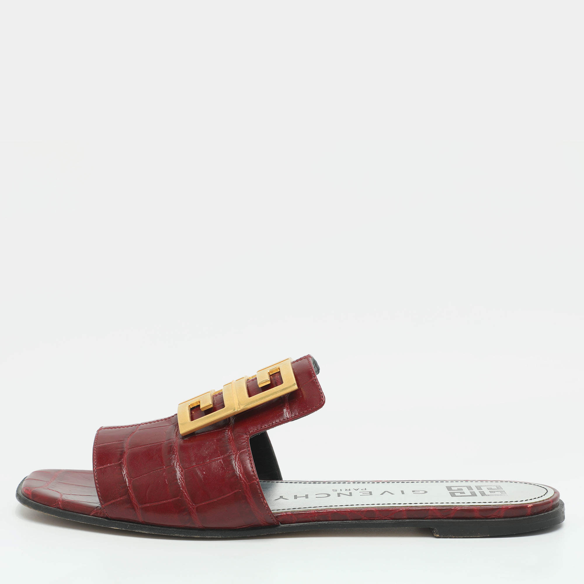 Pre Owned Givenchy 4G Size 41 Burgundy Croc Embossed Leather Flats
