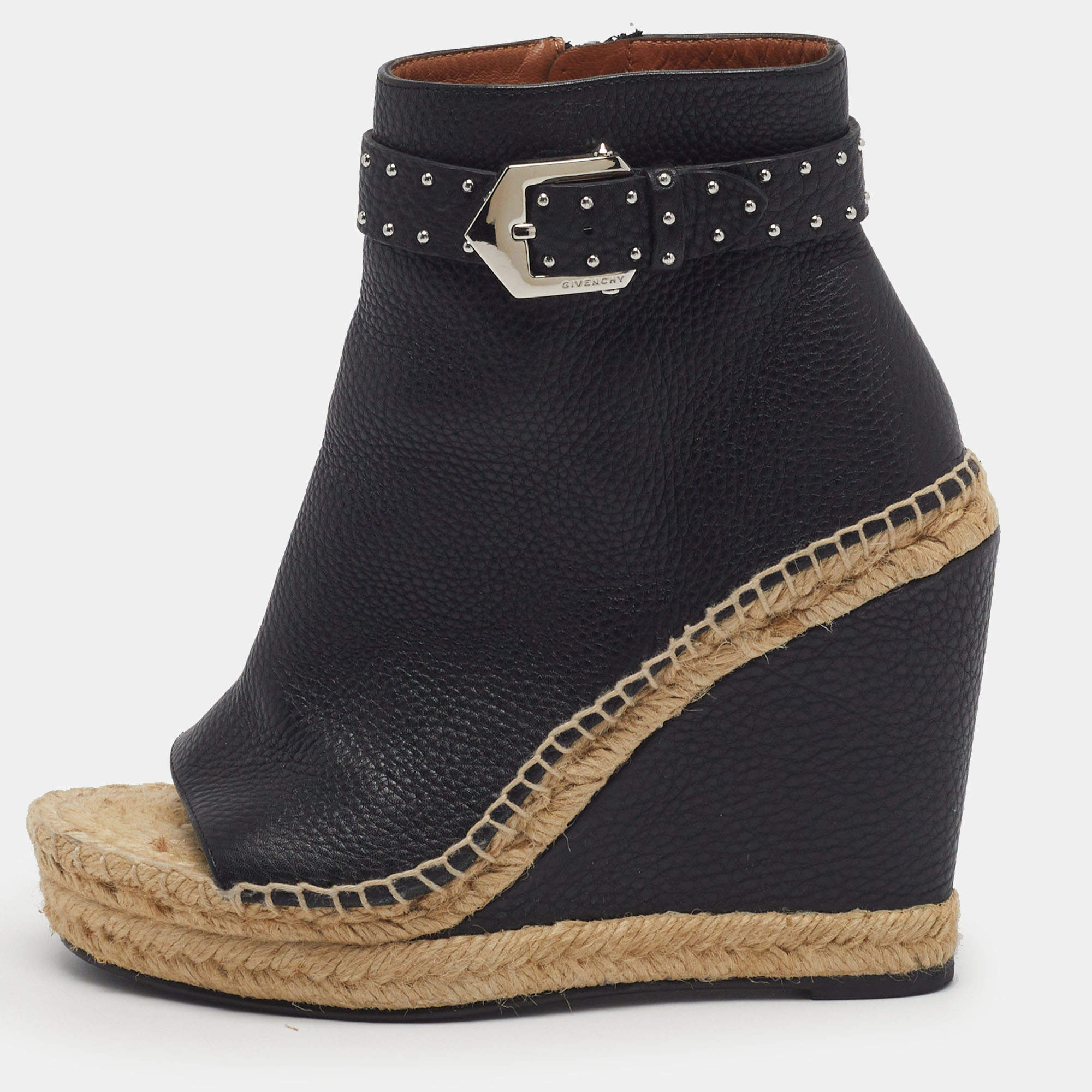 Pre Owned Givenchy Size 38.5 Black Leather Ankle Wedge Length Boots