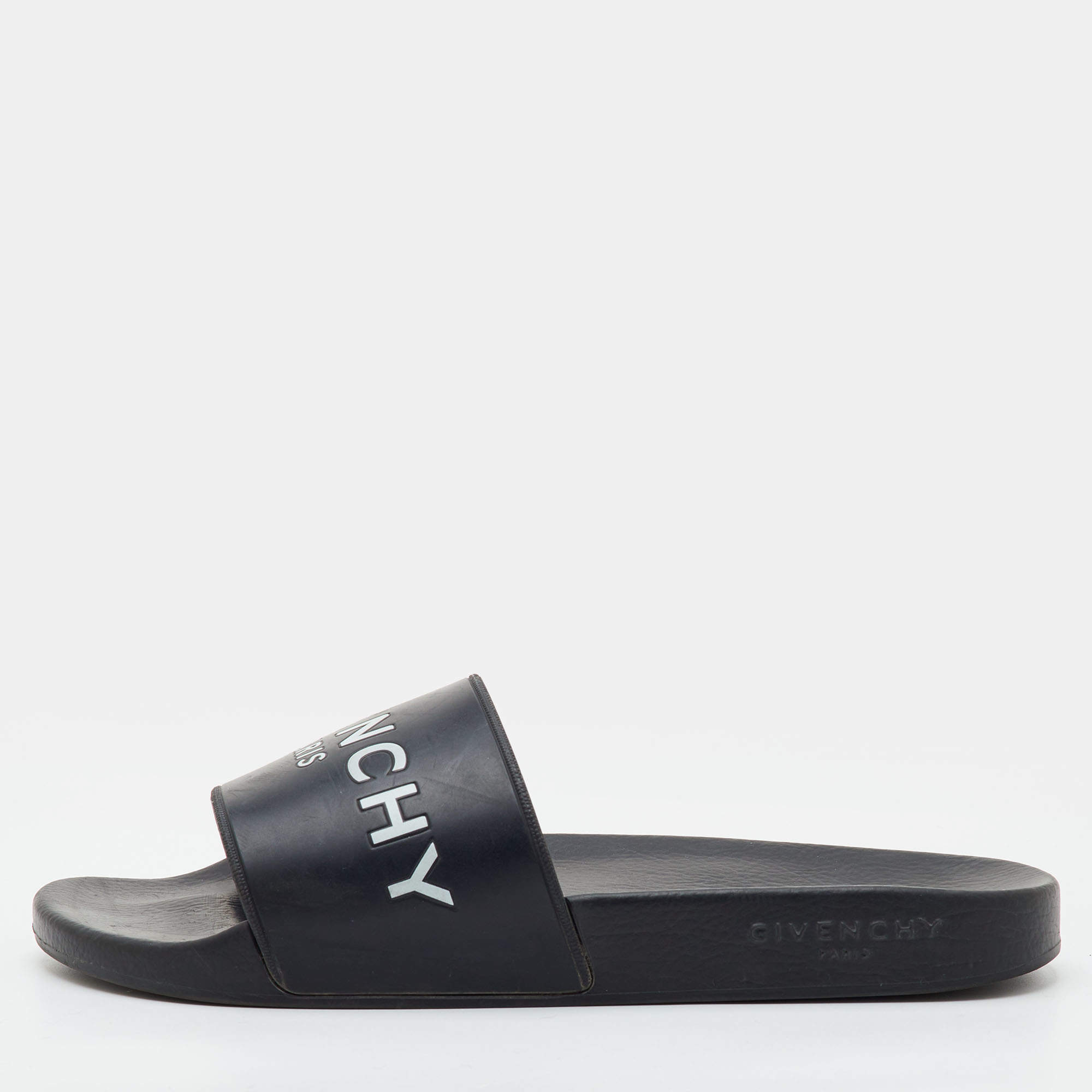Pre Owned Givenchy Size 40 Black Rubber Logo Flat Slide Sandals