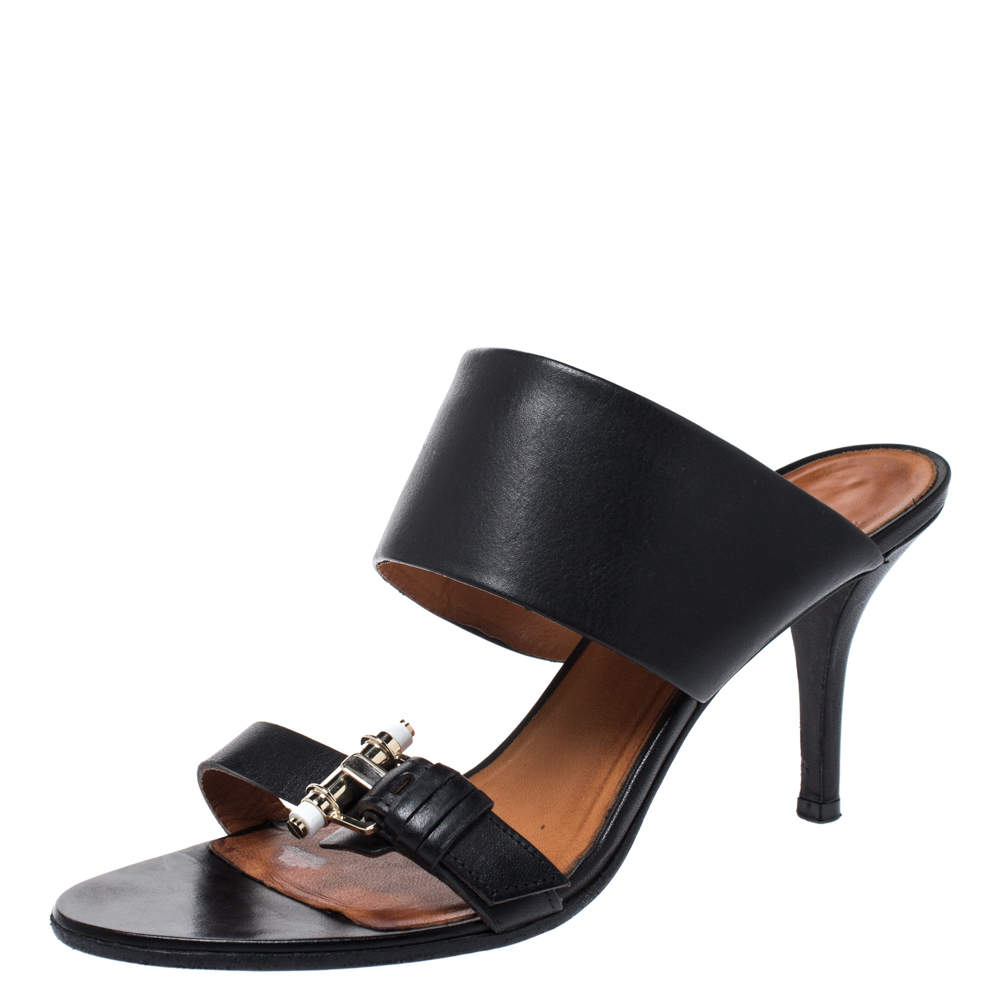  Givenchy Black Leather Obsedia Buckle Detail Slides Size 39