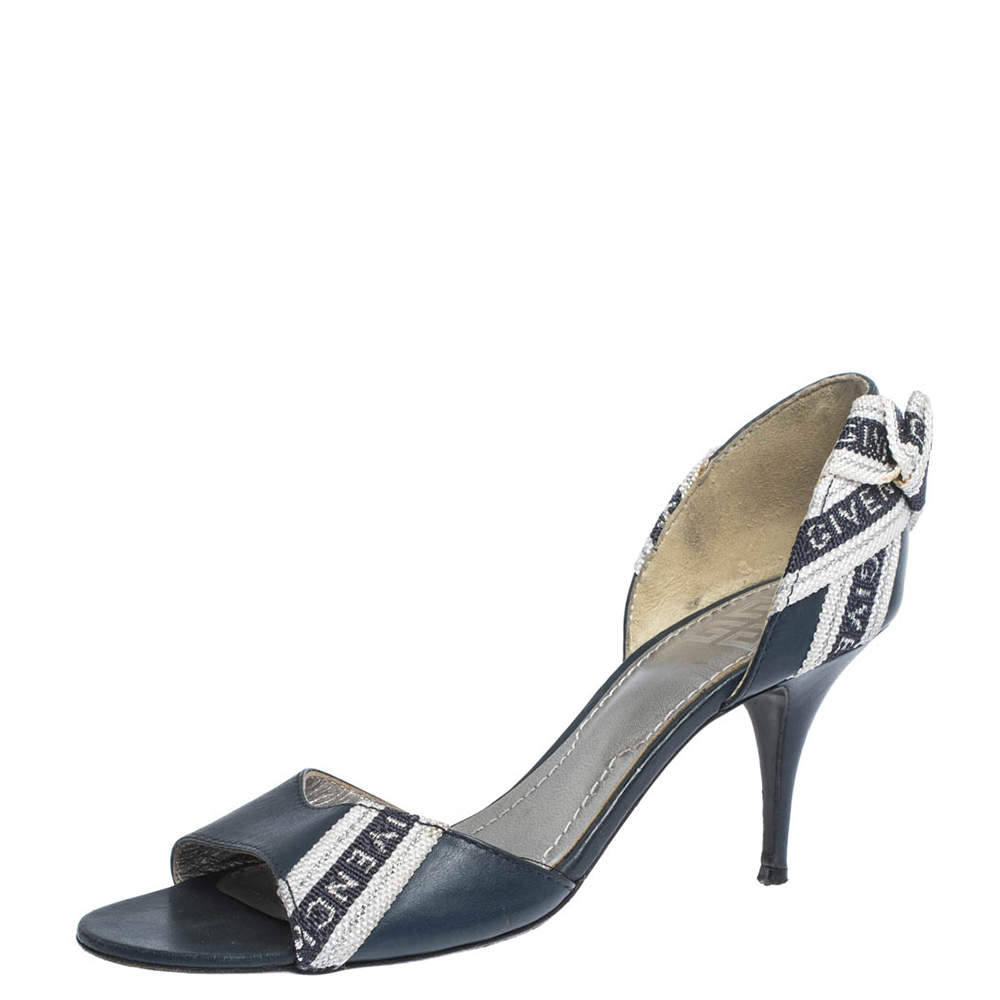 Pre Owned Givenchy Blue Leather And Canvas Bow Open Toe Sandals Size 38