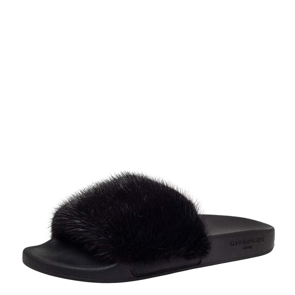Pre Owned Givenchy Black Mink Fur Pool Slide Sandals Size 40