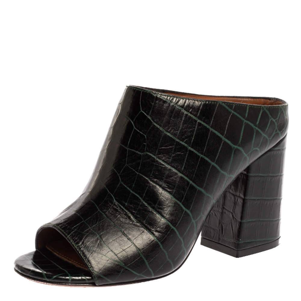 Givenchy Dark Green Croc Embossed Leather Peep Toe Mule Sandals Size 35