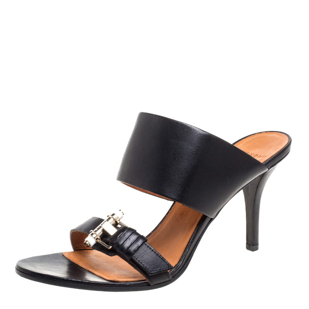 Pre Owned Givenchy Black Leather Obsedia Buckle Detail Sandals Size 39.5