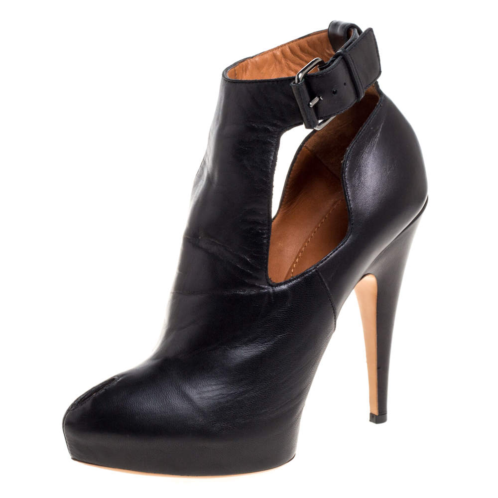 Pre Owned Givenchy Black Leather Peep Toe Platform Ankle Booties Size 39