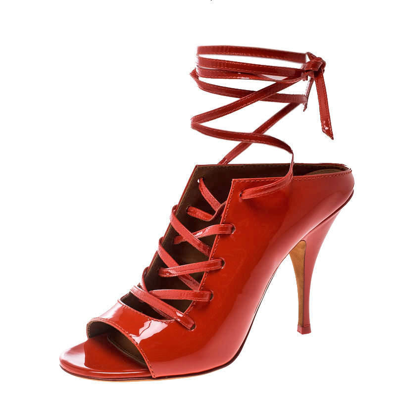 Givenchy Coral Red Patent Leather Lace Up Backless Mule Sandals Size 41