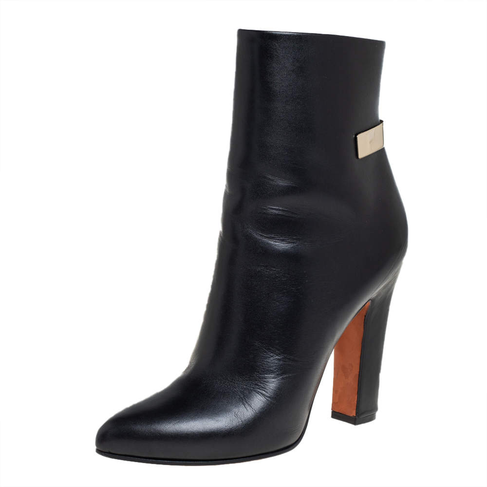 Pre Owned Givenchy Black Leather Gold Detailing Ankle Boots Size 39.5