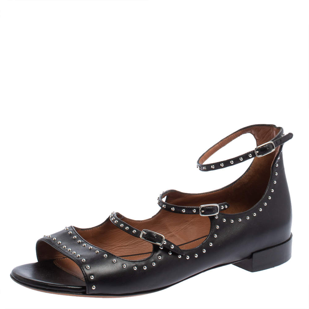 Pre Owned Givenchy Black Leather Studded Ankle Strap Sandals Size 41