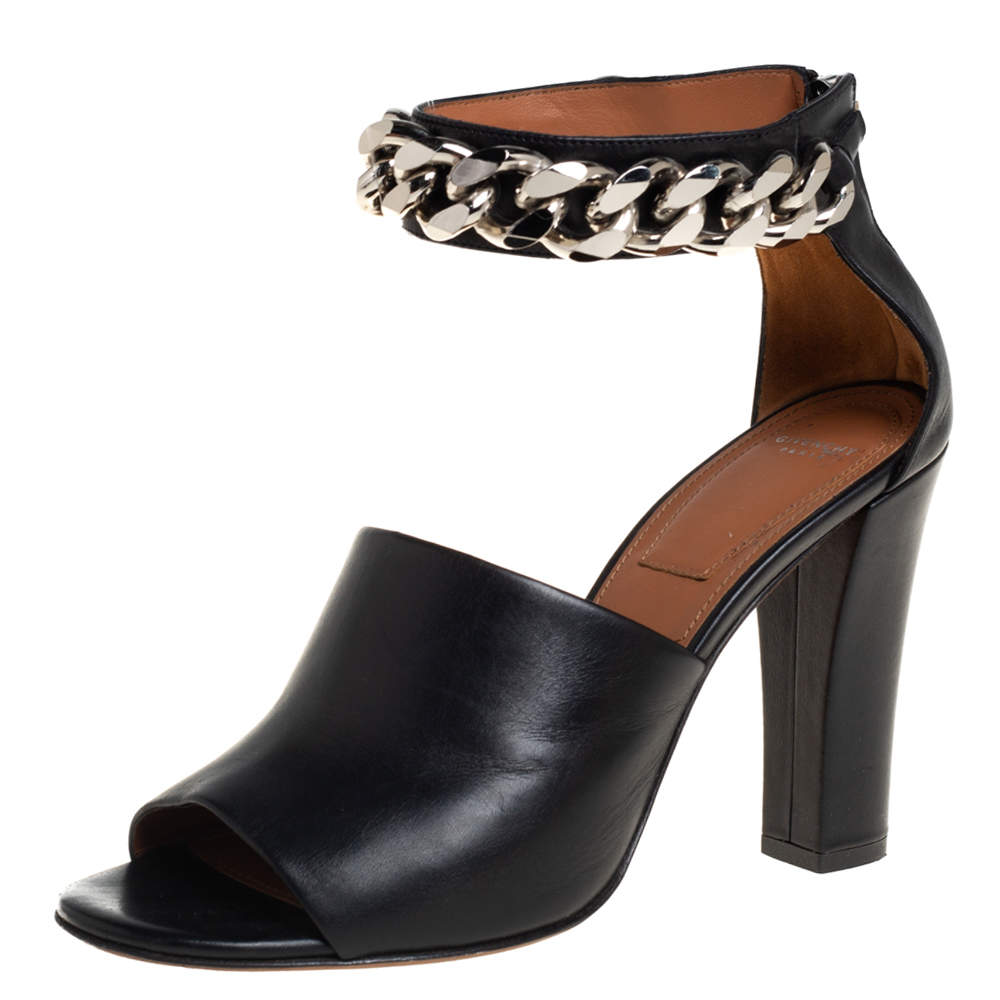 Pre Owned Givenchy Black Leather Chain Detail Ankle Cuff Sandals Size 40