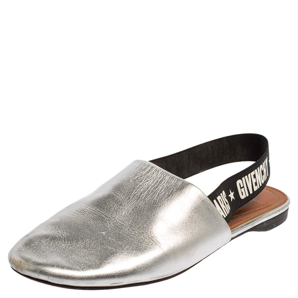 Givenchy Silver Leather And Elastic Rivington Slingback Mules Size 36