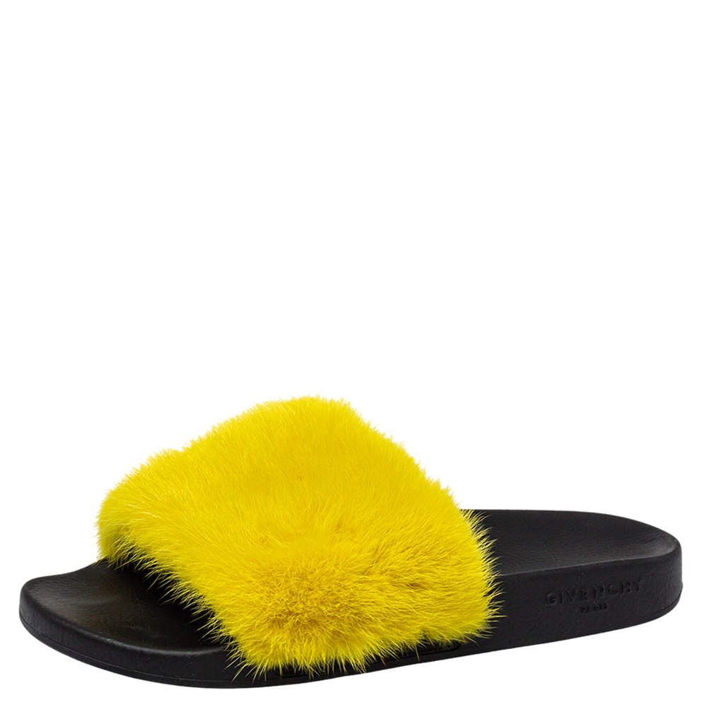 Pre Owned Givenchy Yellow Mink Fur Flat Slides Size 41