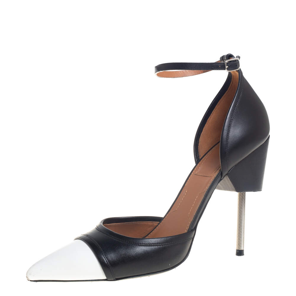 Givenchy Black And White Leather Screw Heel Ankle Strap D'orsay Pump Size 41