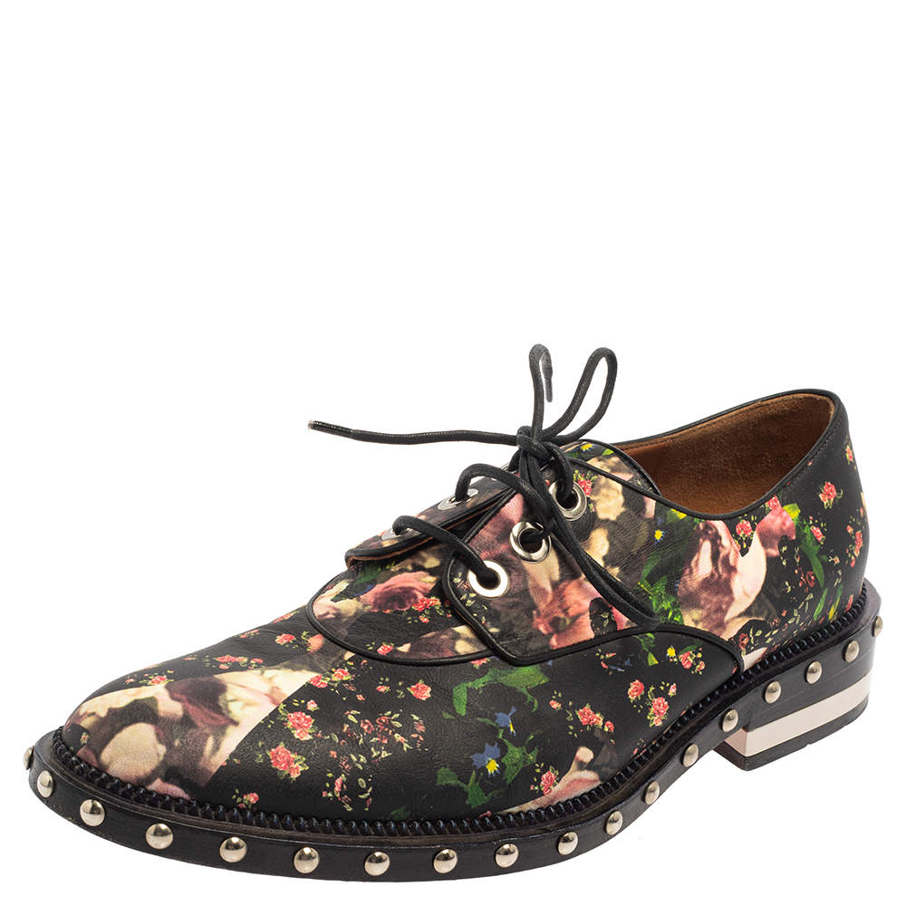 Givenchy Black Floral Print Leather Studded Lace Up Derby Size 38