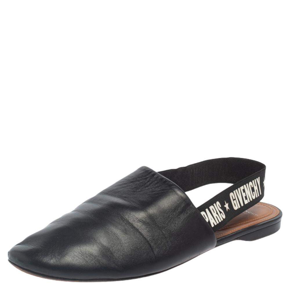 Pre Owned Givenchy Black Leather Rivington Logo Slingback Mules Flats Size 38