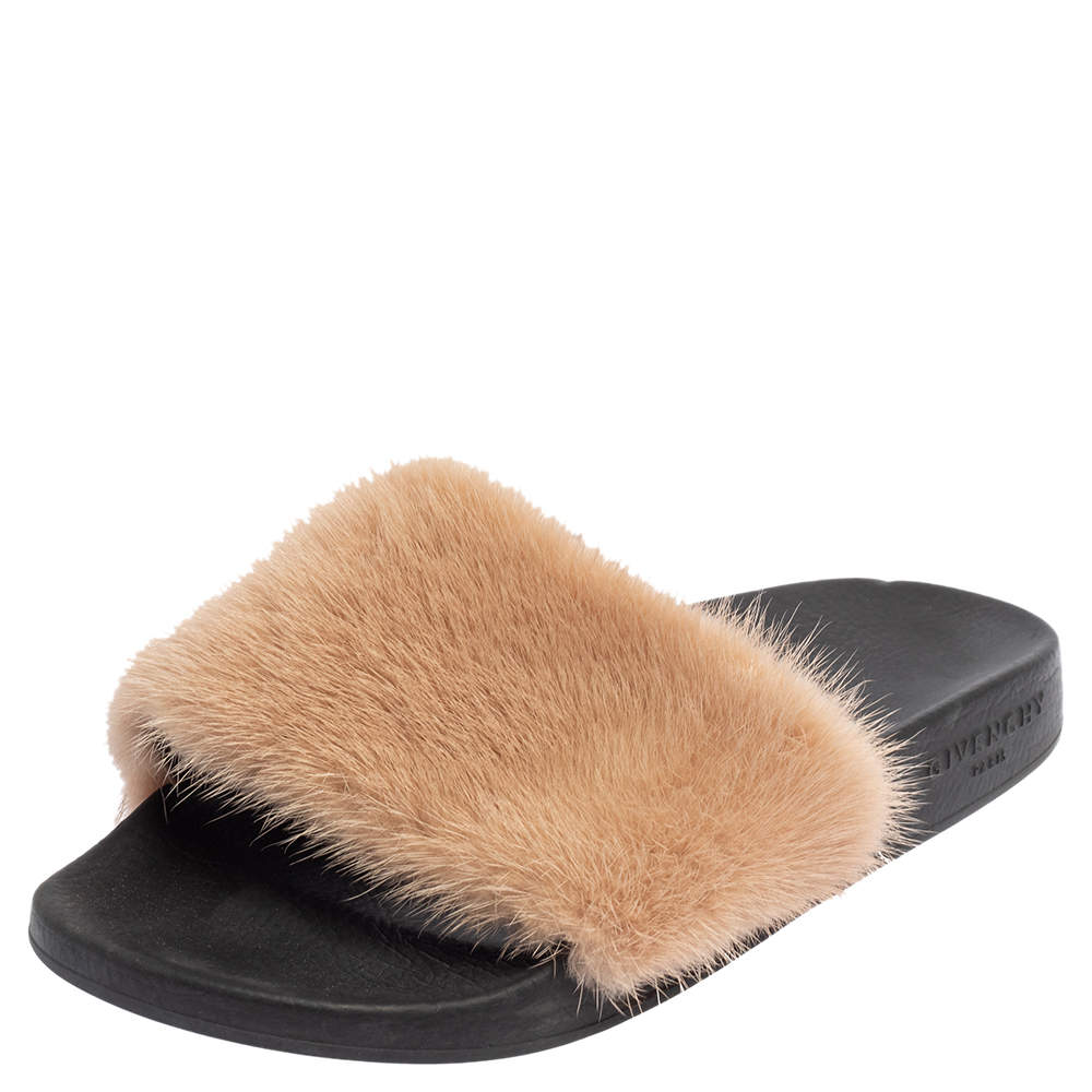 Givenchy Beige Mink Fur Flat Slides Size 38