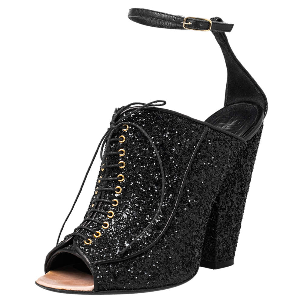 Pre Owned Givenchy Black Glitter Lace Up Peep Toe Ankle Strap Sandals Size 37.5