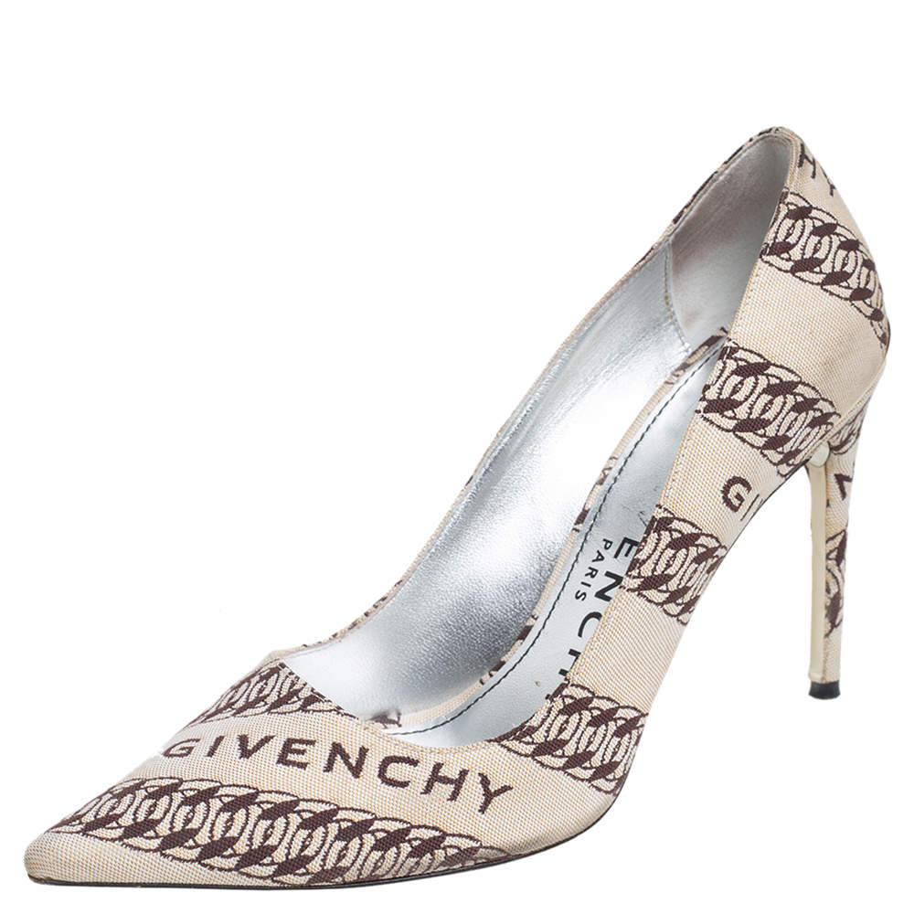 Pre Owned Givenchy Beige/White Canvas Givenchy Chain Pointed Toe Pumps Size 38