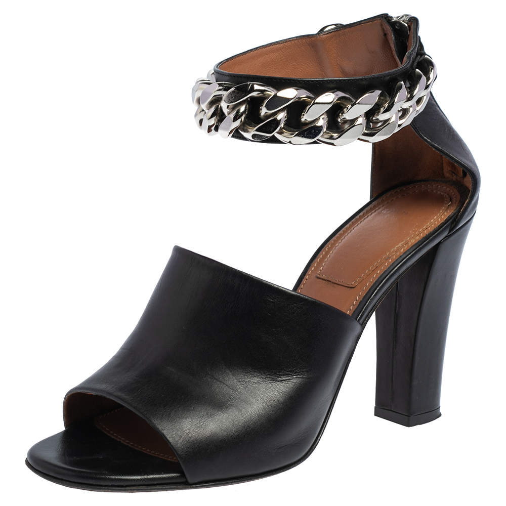 Givenchy Black Leather Chain Detail Ankle Cuff Sandals Size 38.5