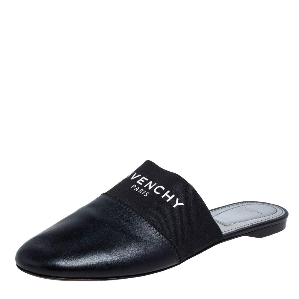 Givenchy Black Leather and Strecth Band Bedford Flat Mules Size 40