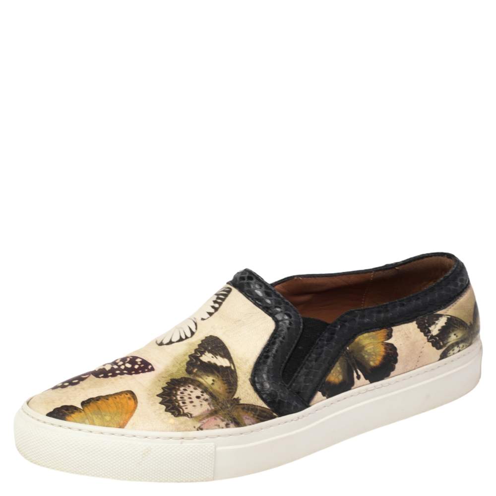Pre Owned Givenchy Beige Butterfly Print Leather And Python Round Toe Slip On Sneakers Size 38.5