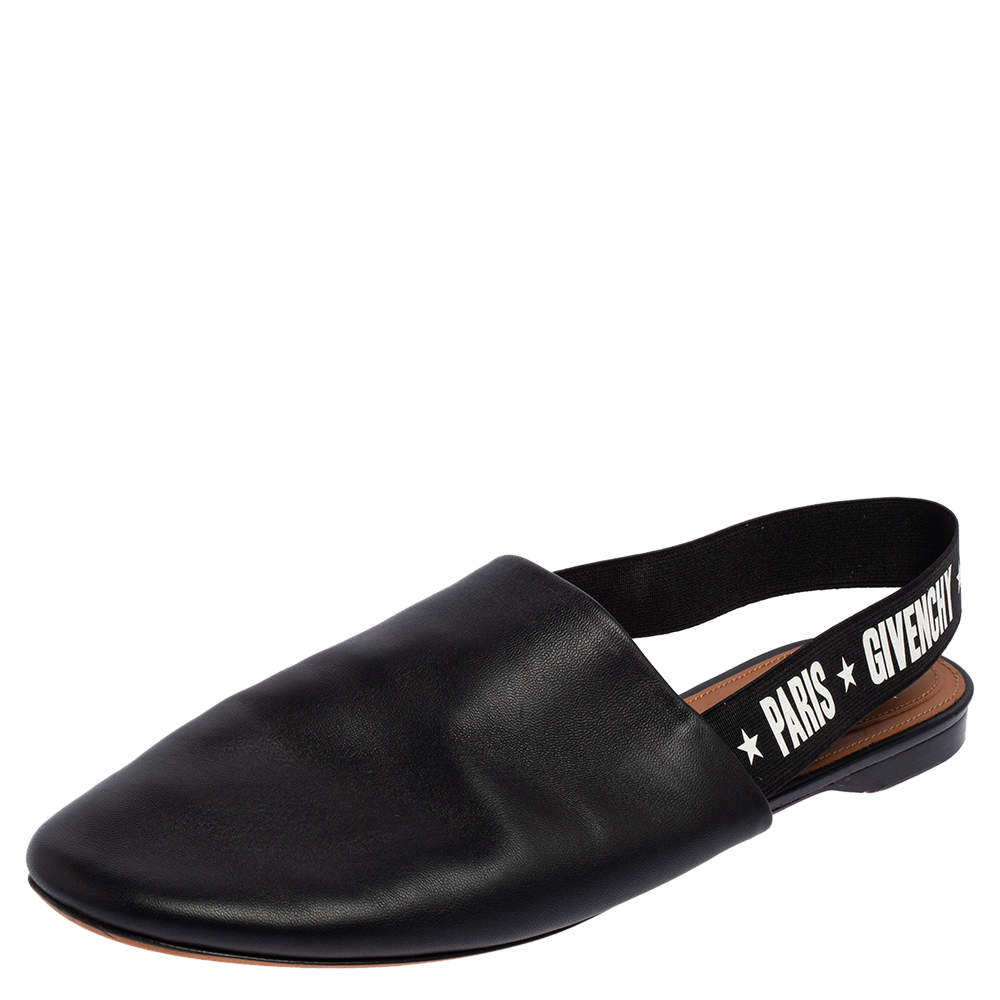Givenchy Black Leather Rivington Logo Slingback Flat Mules Size 40.5