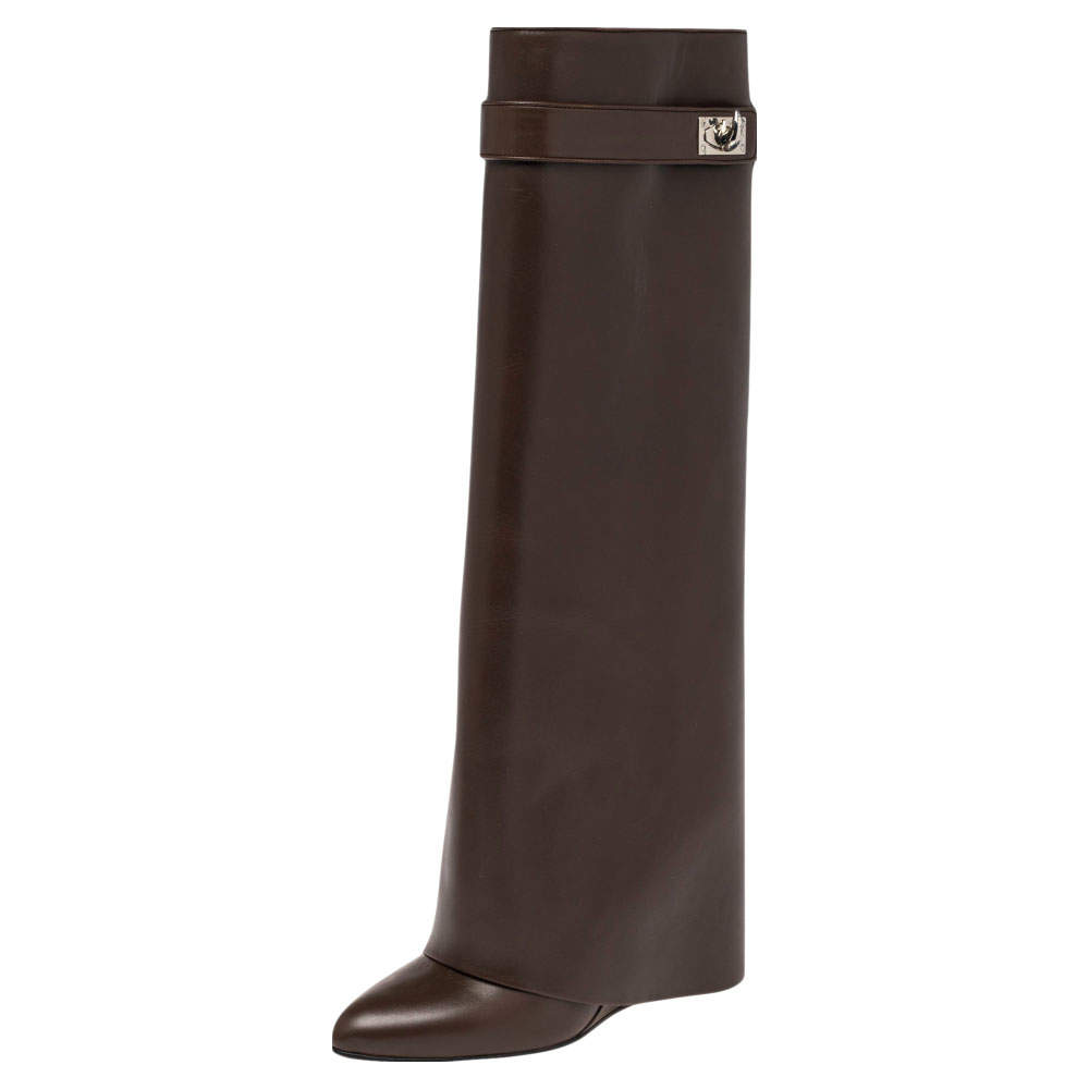 Pre Owned Givenchy Brown Leather Shark Lock Knee Length Boots Size 37.5