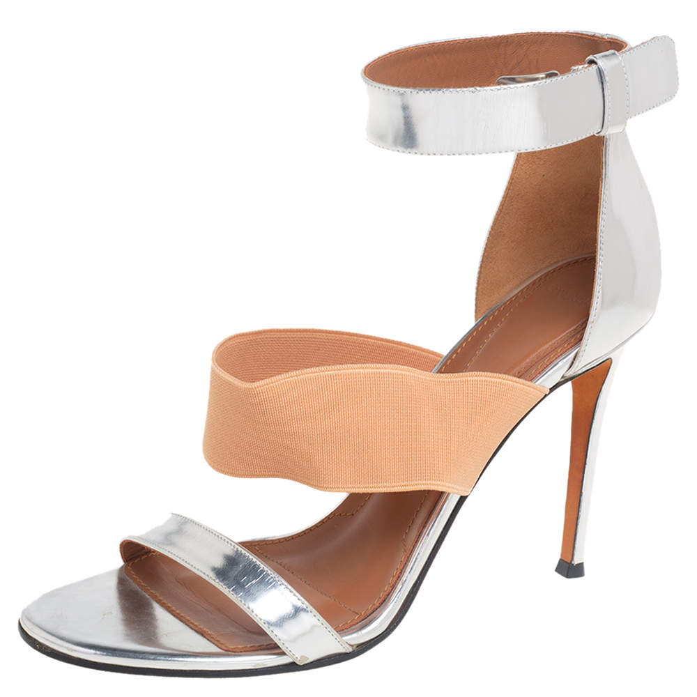 Givenchy Silver Foil Leather And Fabric Ankle Cuff Sandals Size 39 