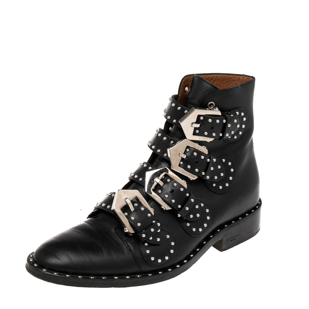 Givenchy Black Leather Studded Buckle Detail Ankle Boots Size 35