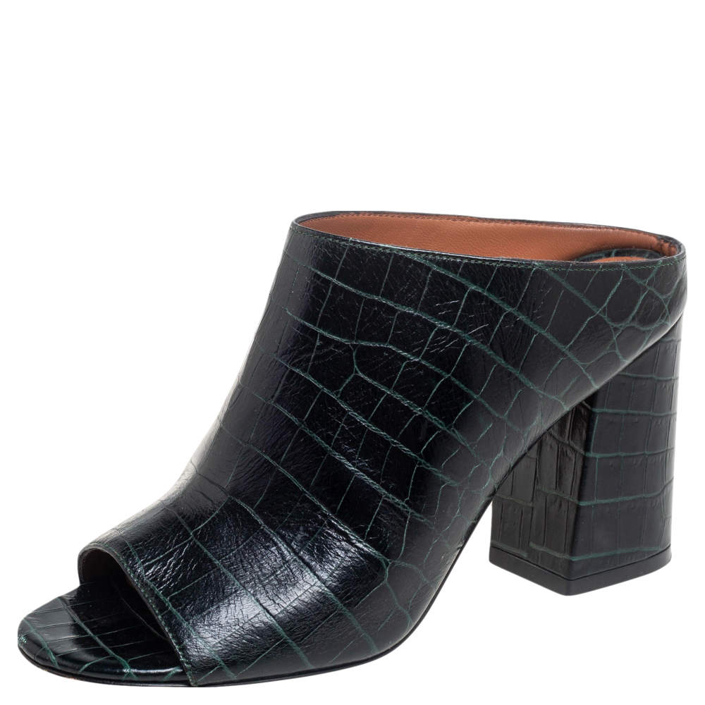 Pre Owned  Givenchy Green/Black Croc Embossed Leather Peep Toe Mule Sandals Size 36
