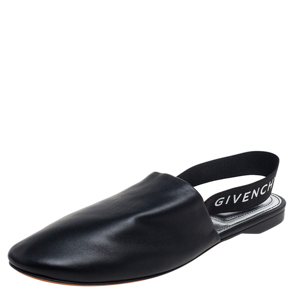 Givenchy Black Leather Rivington Logo Slingback Flat Mules Size 36.5
