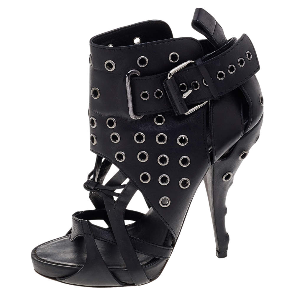 Givenchy Black Leather Studded Strappy Ankle Boots Size 38