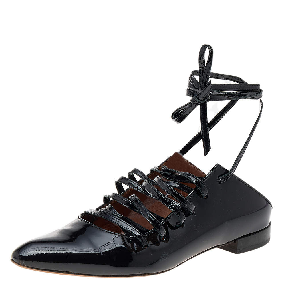 Pre Owned Givenchy Black Patent Leather Lace Up Backless Flat Mule Sandals Size 37