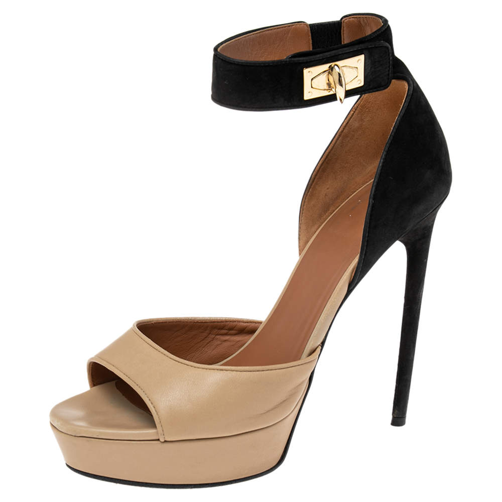 Givenchy Beige/Black Leather and Suede Shark Lock Ankle-Strap Sandals Size 40