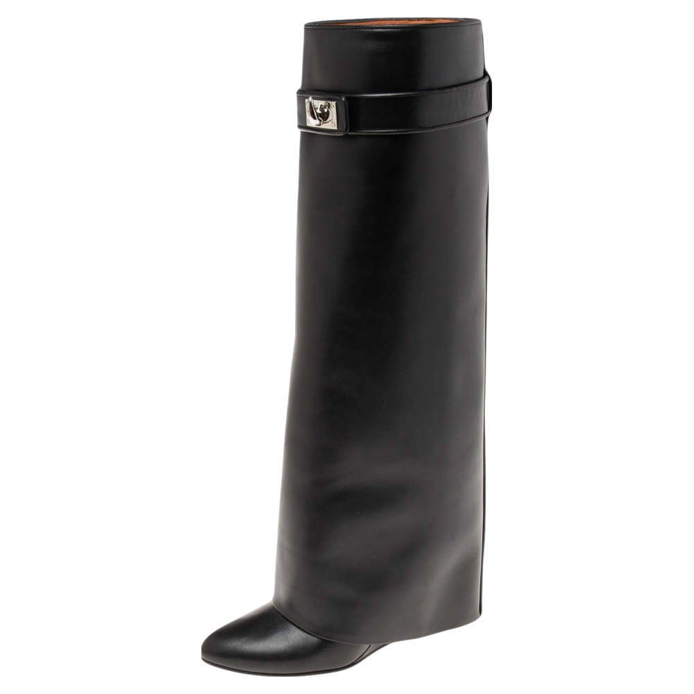 مملوكة مسبقًا Givenchy Black Leather Shark Lock Wedge Knee High Boots Size 36