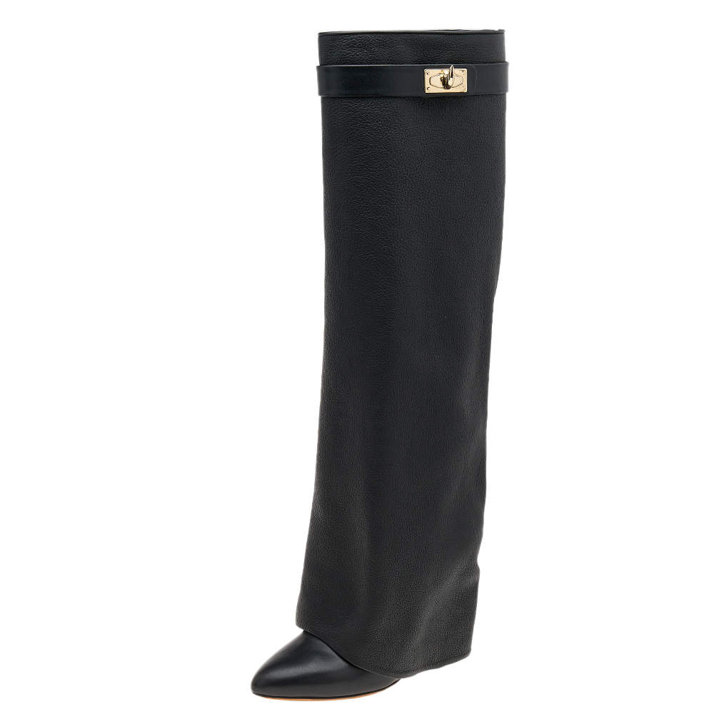 Pre Owned حذاء بوت طول ركبة جيفنشي قفل شارك جلد أسود مقاس 37