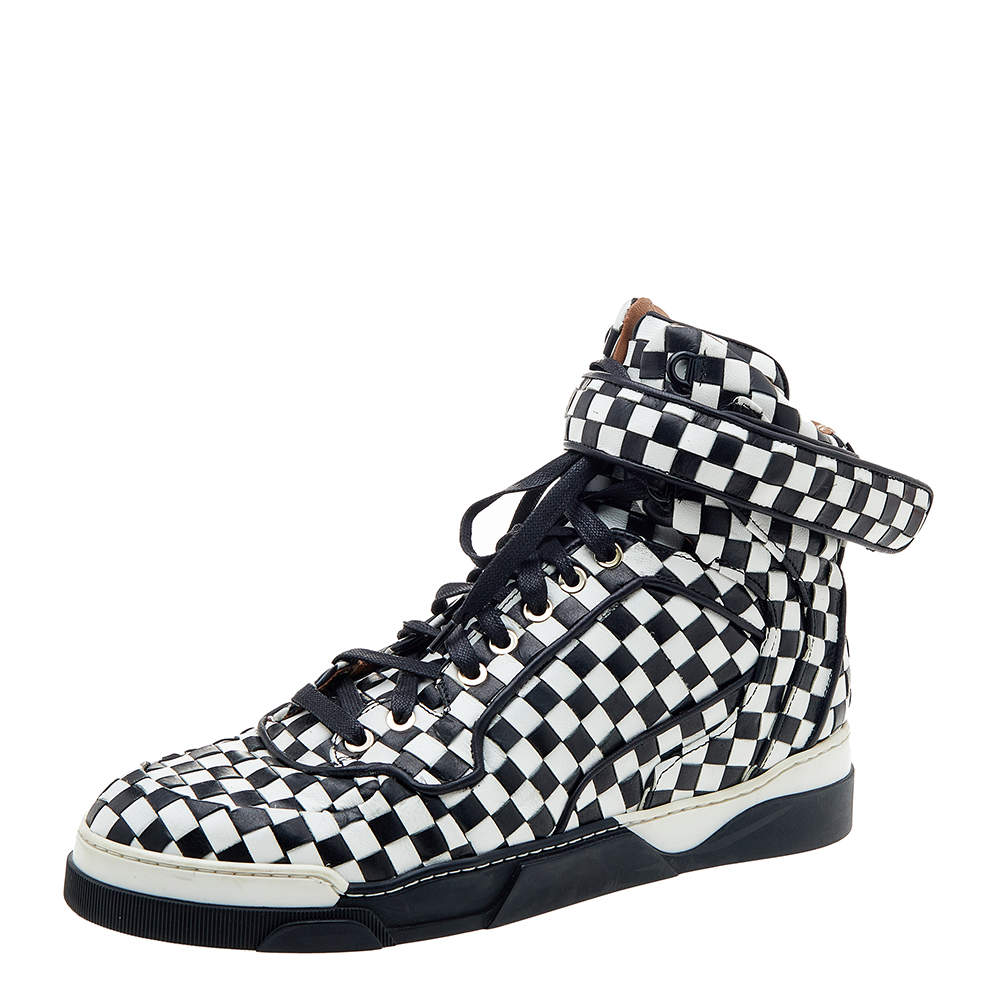 Pre Owned حذاء رياضي جيفنشي جلد مغزول كاروهات أبيض/أسود عنق مرتفع مقاس 40